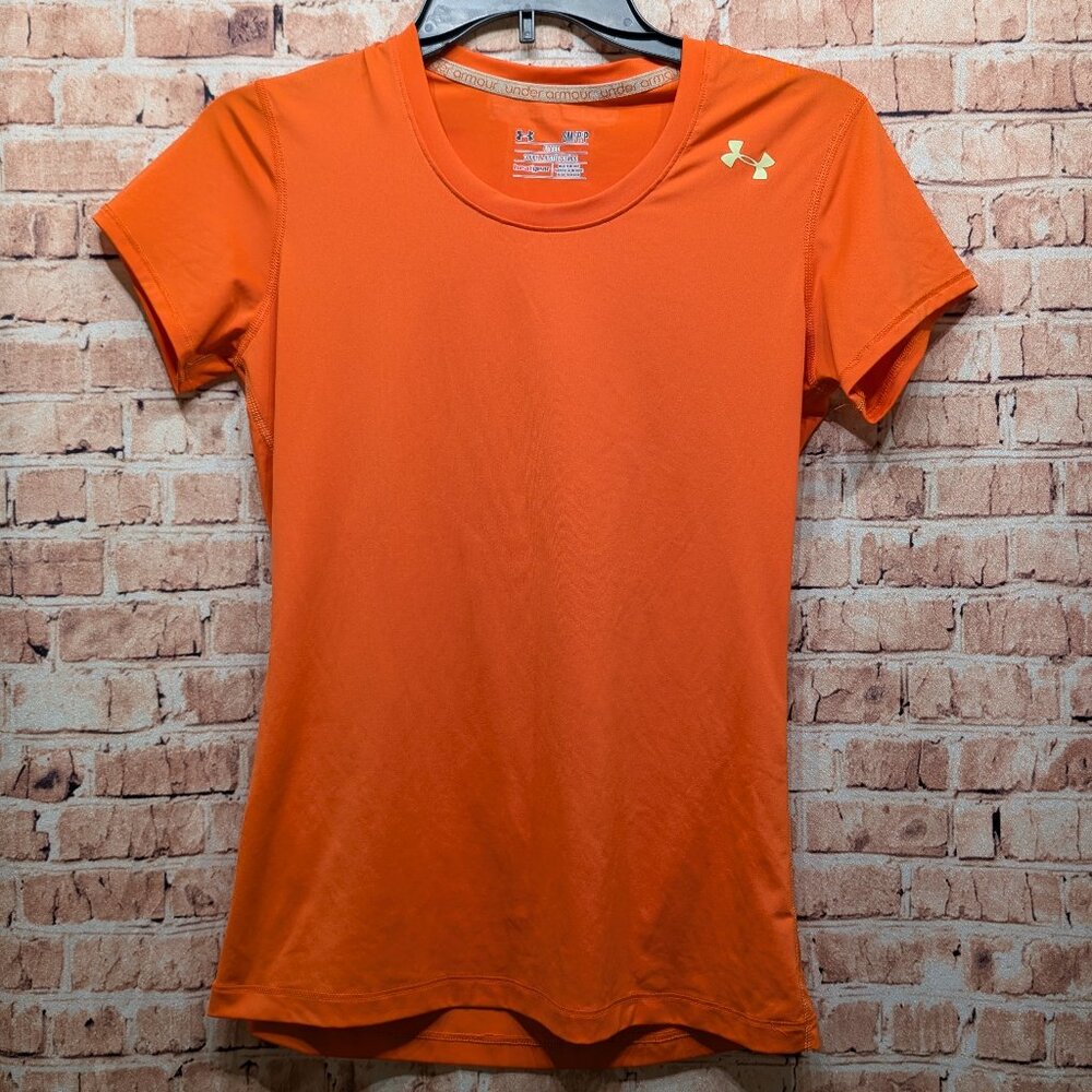 Under Armour T-shirt Fitted Heat Gear Orange Short Sleeve Tee Size Small